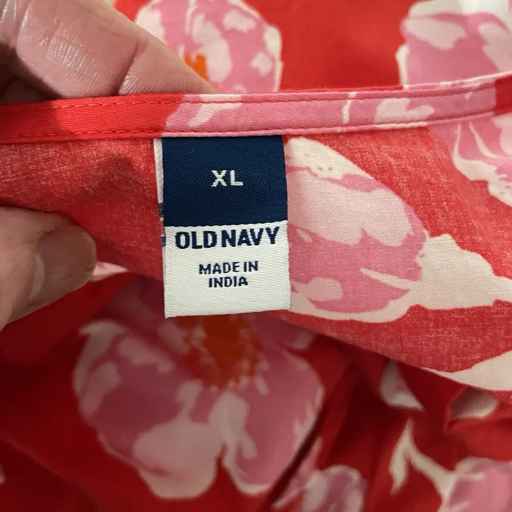 Old Navy Red Floral Puff Sleeve Wrap Top Womens XL Cottagecore Romantic Tropical